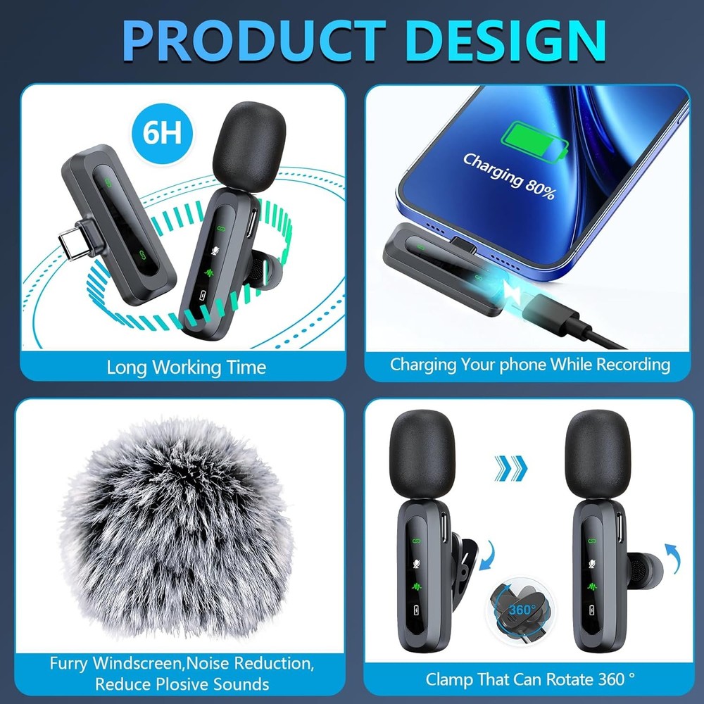 RICCHI Wireless Microphone for iPhone/iPad/Android Phone, 2 Pack Mini Microphone