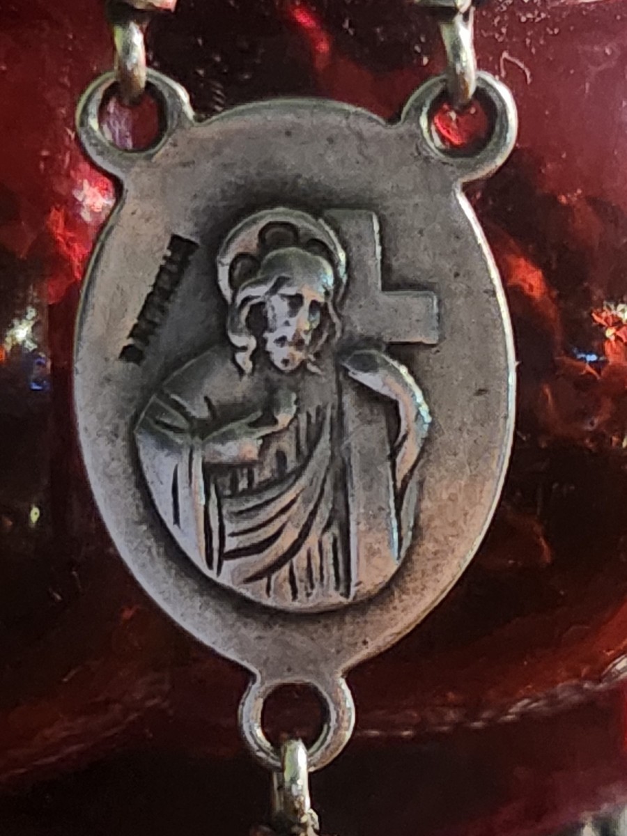 Vintage Sterling Silver Celluloid Bead Rosary & Vtg Red Moroccan Blown Glass Box