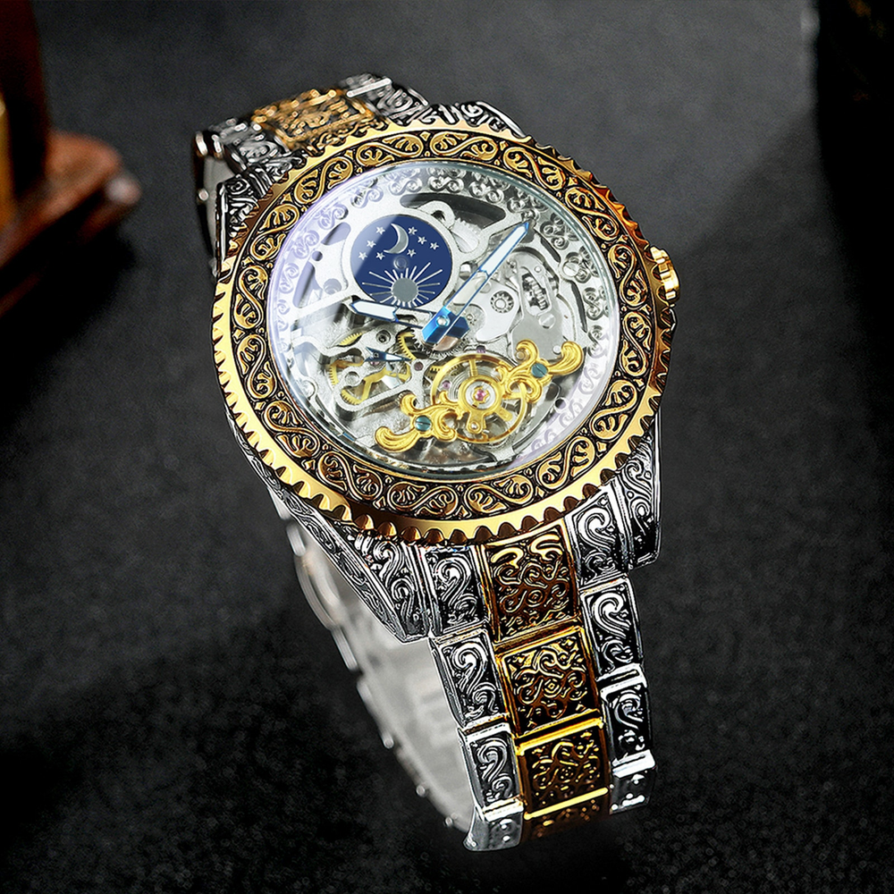 New Luxury Moon Phase Tourbillon Skeleton Engraved Mechanical Automatic Watch