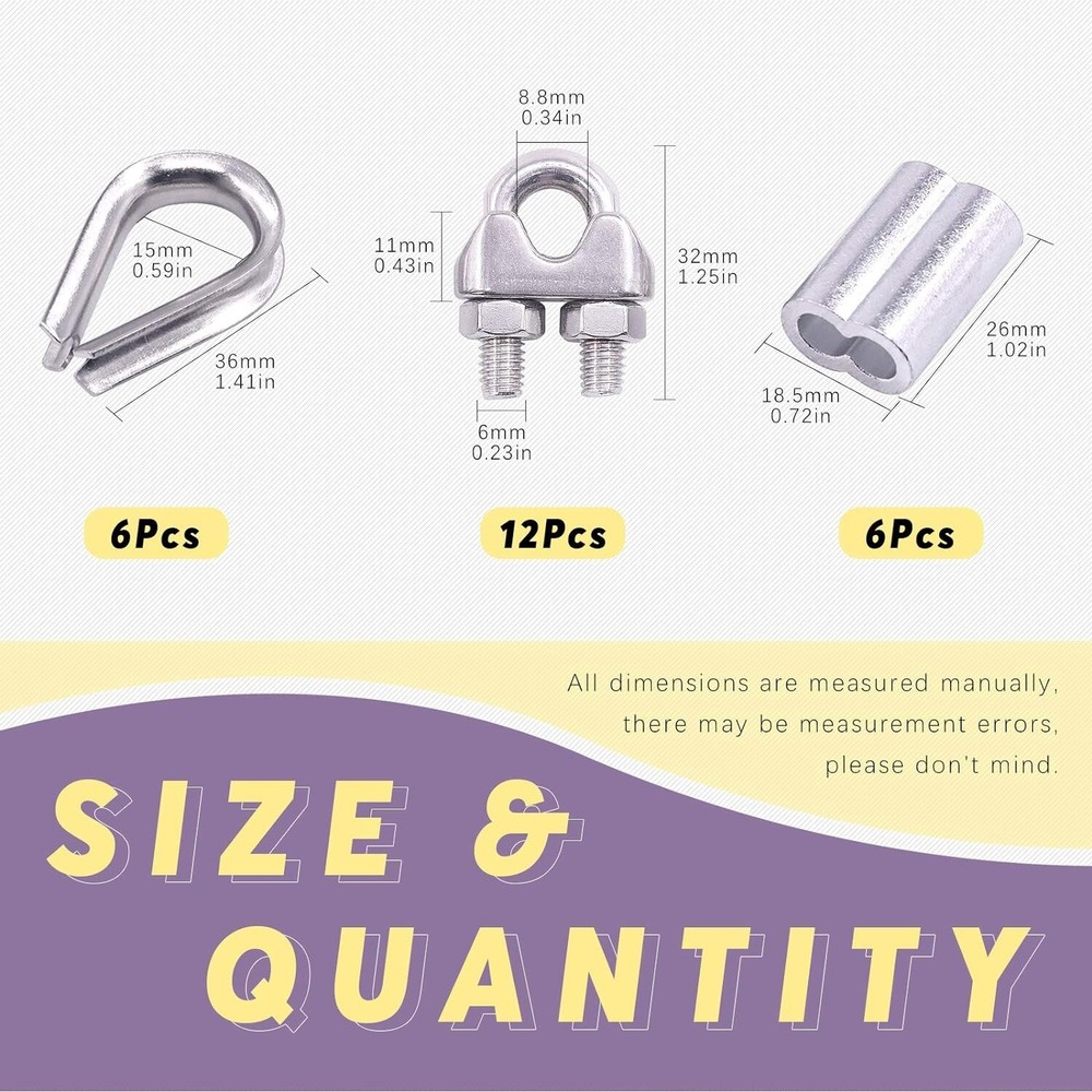 Premium Versatile Wire Rope Accessory Set - Cable Clip - Thimble - Crimping Loop