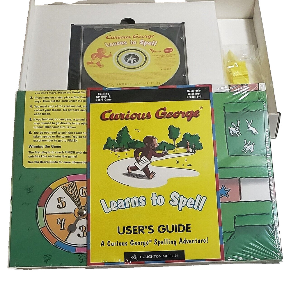 Curious George Learns to Spell CD-ROM PC Game, Board G. & User's Guide Win98 MAC