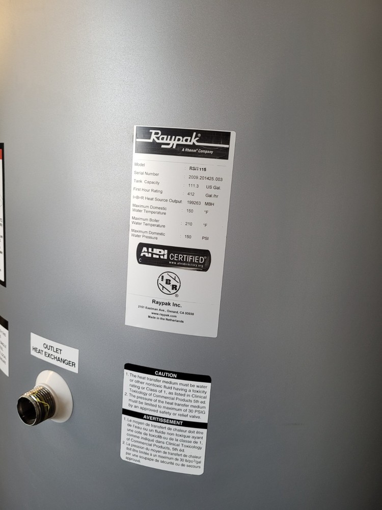 Rheem Raypak RSIT115 Indirect-Fired 115 Gallon Hot Water Storage Tank