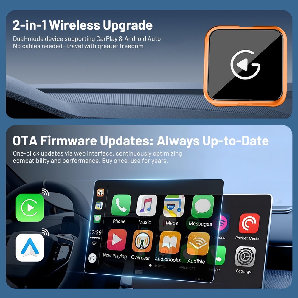 Wireless CarPlay Adapter for Apple iPhone & Android Auto USB Adapter Plug & Play