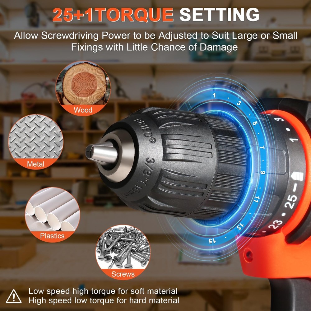 20v Drill Driver Set Cordless Drill Battery Charger 25+1 Torque 43 PCS Bits