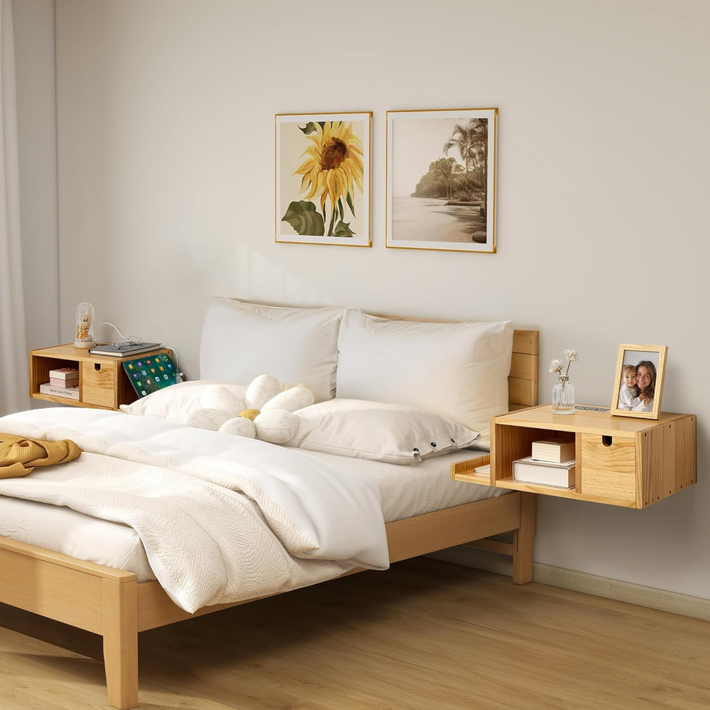 Modern Floating Nightstand with Charging Station & Drawer - Solid Wood Design