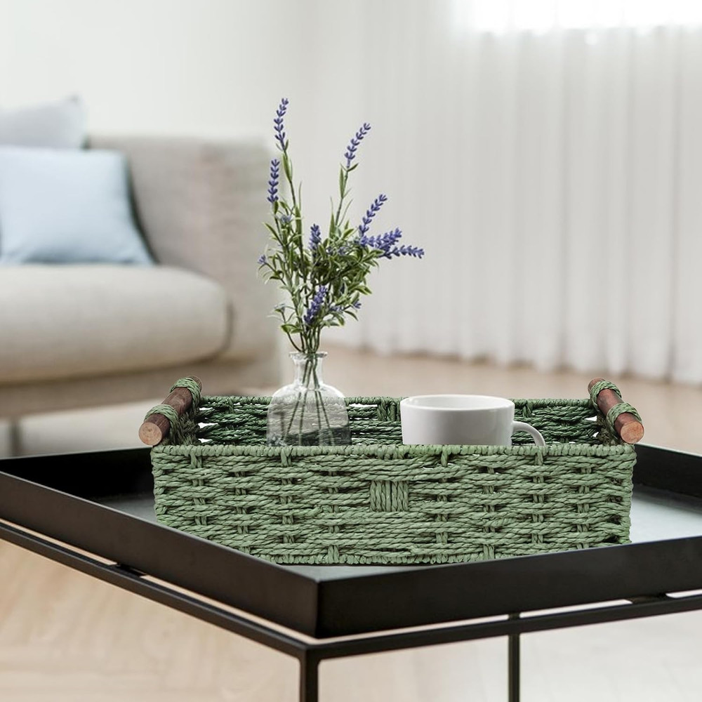 Round Paper Rope Storage Basket Wicker Baskets for Organizing with Handle Decora