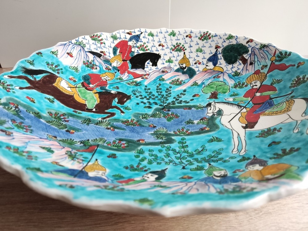 Large vintage painted ceramic plate. Turkey. Signed.