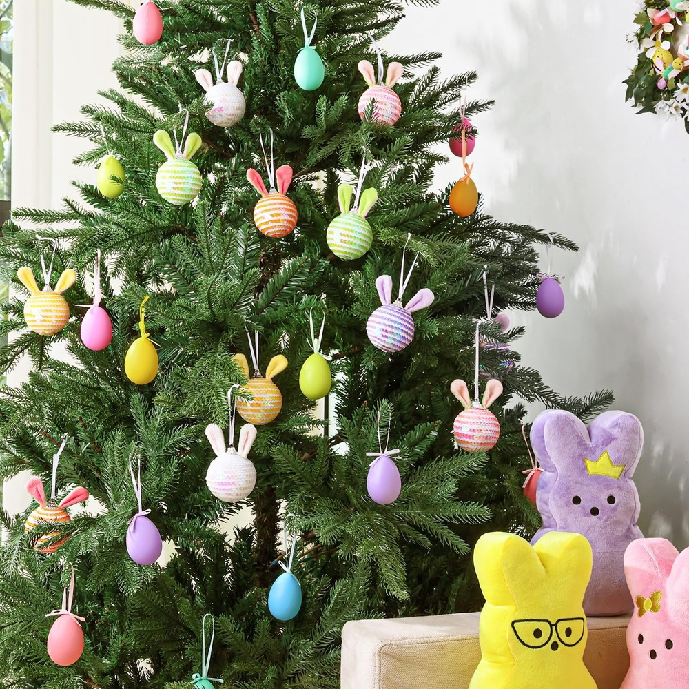 Easter Tree Decorations: 12pcs Sequin Easter Ornaments with Plush Bunny Ears, Pi
