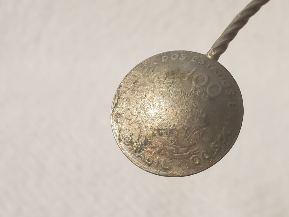 BRASIL 100 REIS SILVER COIN SUGAR SPOON WITH GEMSTONE