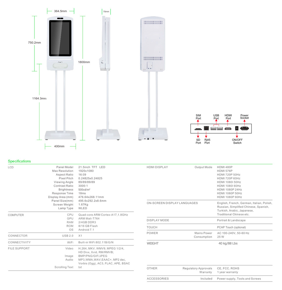 Interactive Digital Display Kiosks With Integrated Touchless Hand Sanitizer