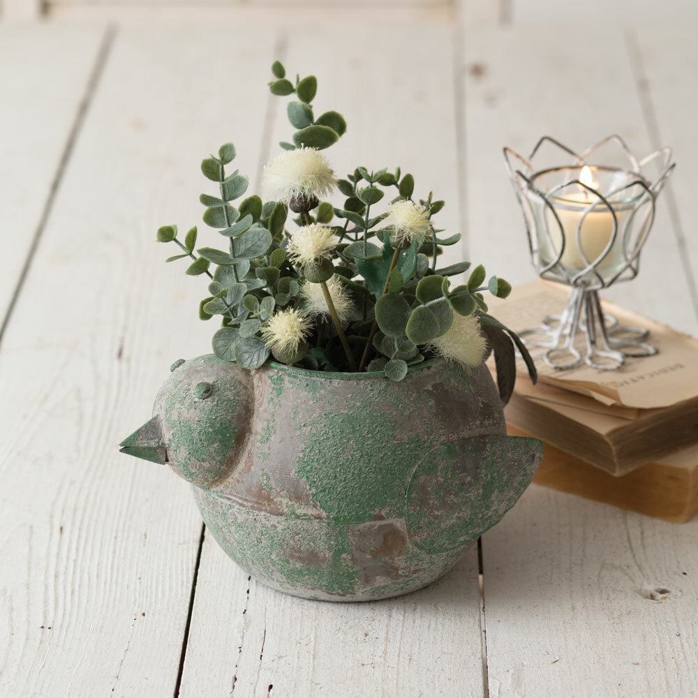 Rustic Garden Bird Tabletop Planter Container - Distressed Green Painted Metal