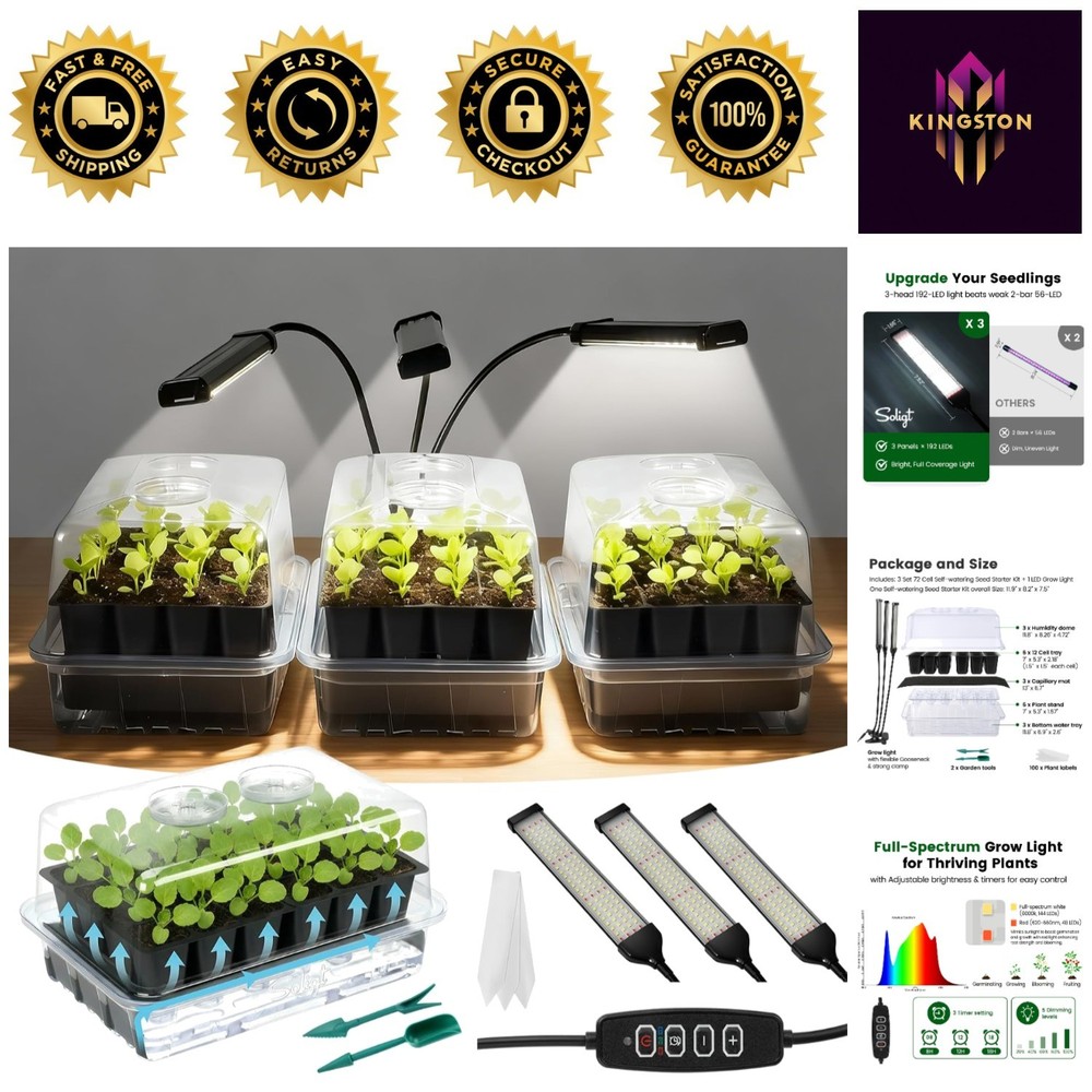 Compact 72 Cell Self-Watering Seed Starter with Full Spectrum Grow Light & Timer