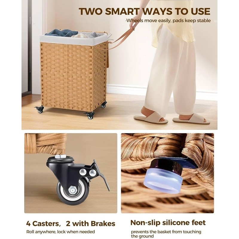 Handwoven Laundry Hamper Rolling Baskets W/ Removable Liner Moisture Resistant