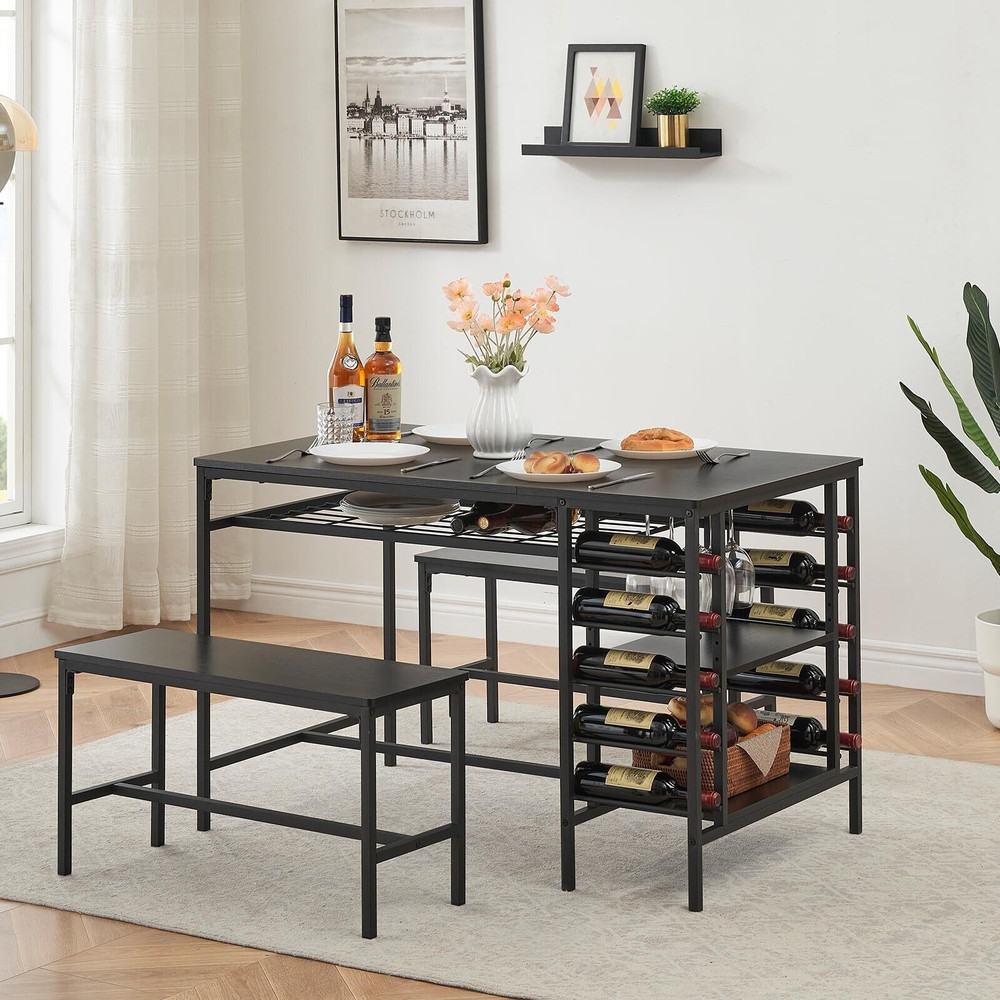 Kitchen Dining Table Set Storage Racks Wine Shelf Space Saving 2 Benches Seats 4
