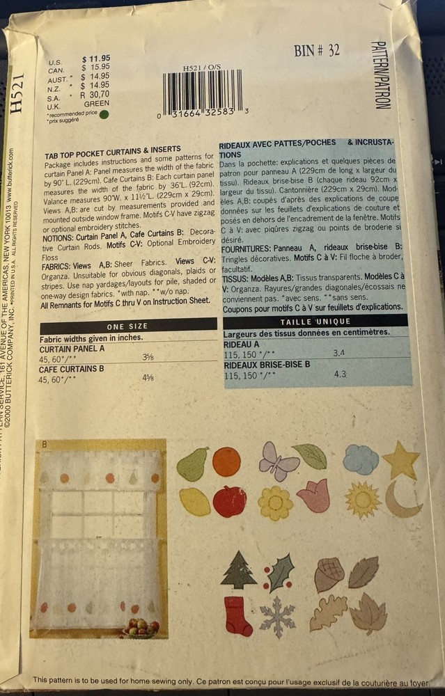 Butterick pattern H521 Tab Top Pocket Curtains & Inserts uncut
