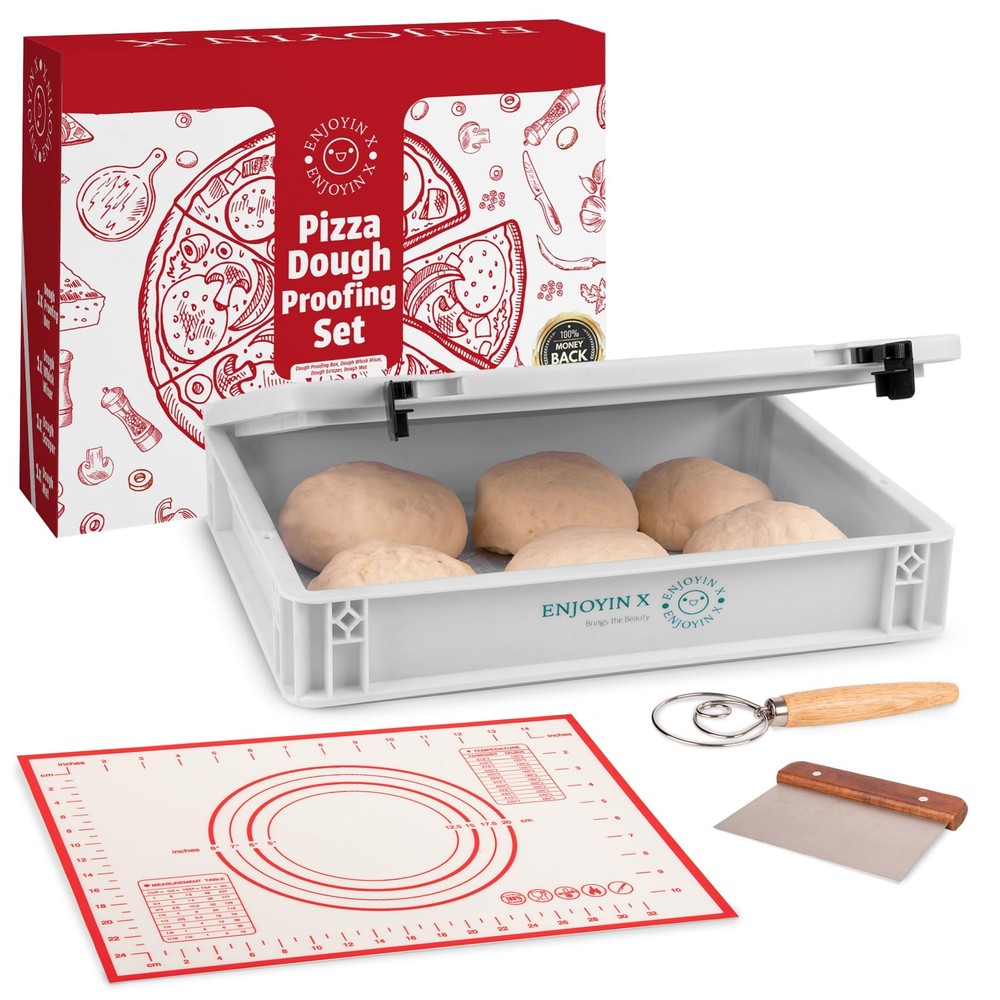 Pizza Dough Proofing Box with Lid - Includes Dough Whisk, Scraper & Dough Mat