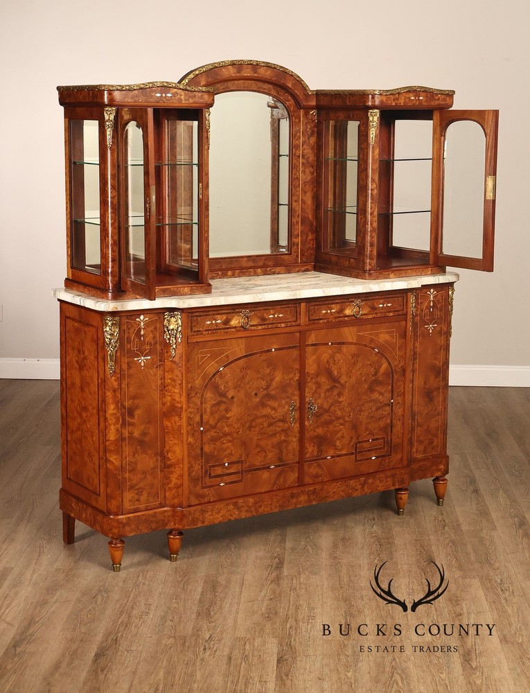 Walnut Marble Top Sideboard With Display Cabinets