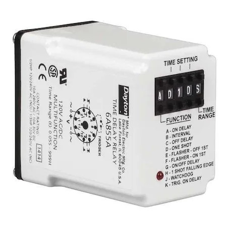 Dayton 6A855 Multifunction Time Delay Relay, Octal, Multi Function, 10