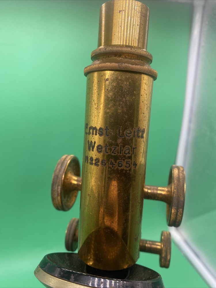 Ernst Leitz Wetzlar Antique Brass Microscope with Case+ACCESSORIES+over-stage