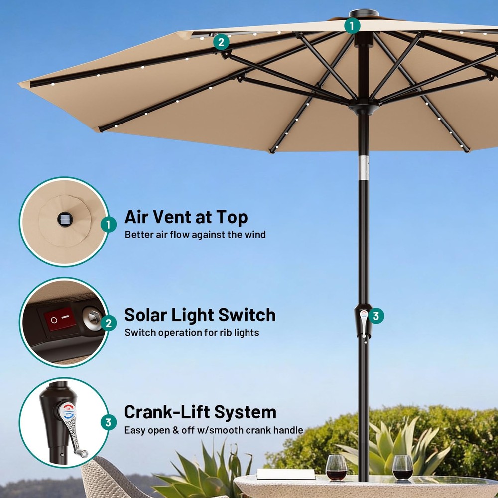 AreShark 9FT Patio Umbrella with Solar Lights, 32 Lighted Pool 9 FT, Beige