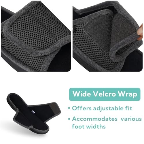 Men's Adjustable Wrap Open-toe Slippers with Memory Foam, 9-10 Dark Grey