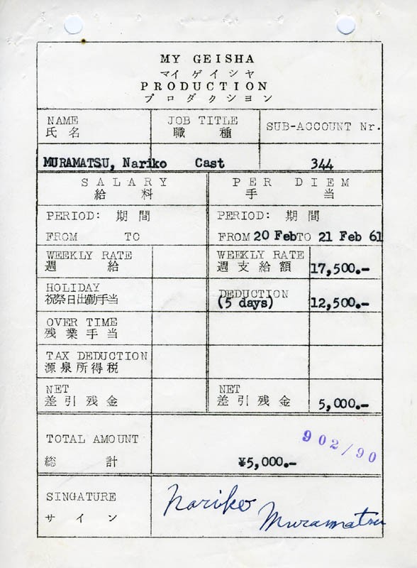 NARIKO MURAMATSU - CONTRACT SIGNED 02/20/1961