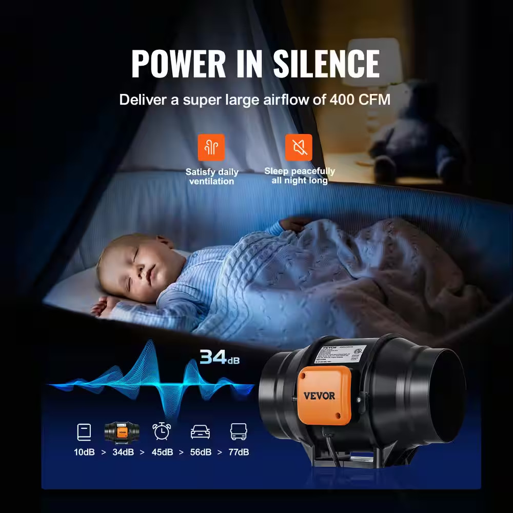 Inline Duct Fan 6-In. 400 CFM with Variable Speed Controller Quiet Ac-Motor Vent