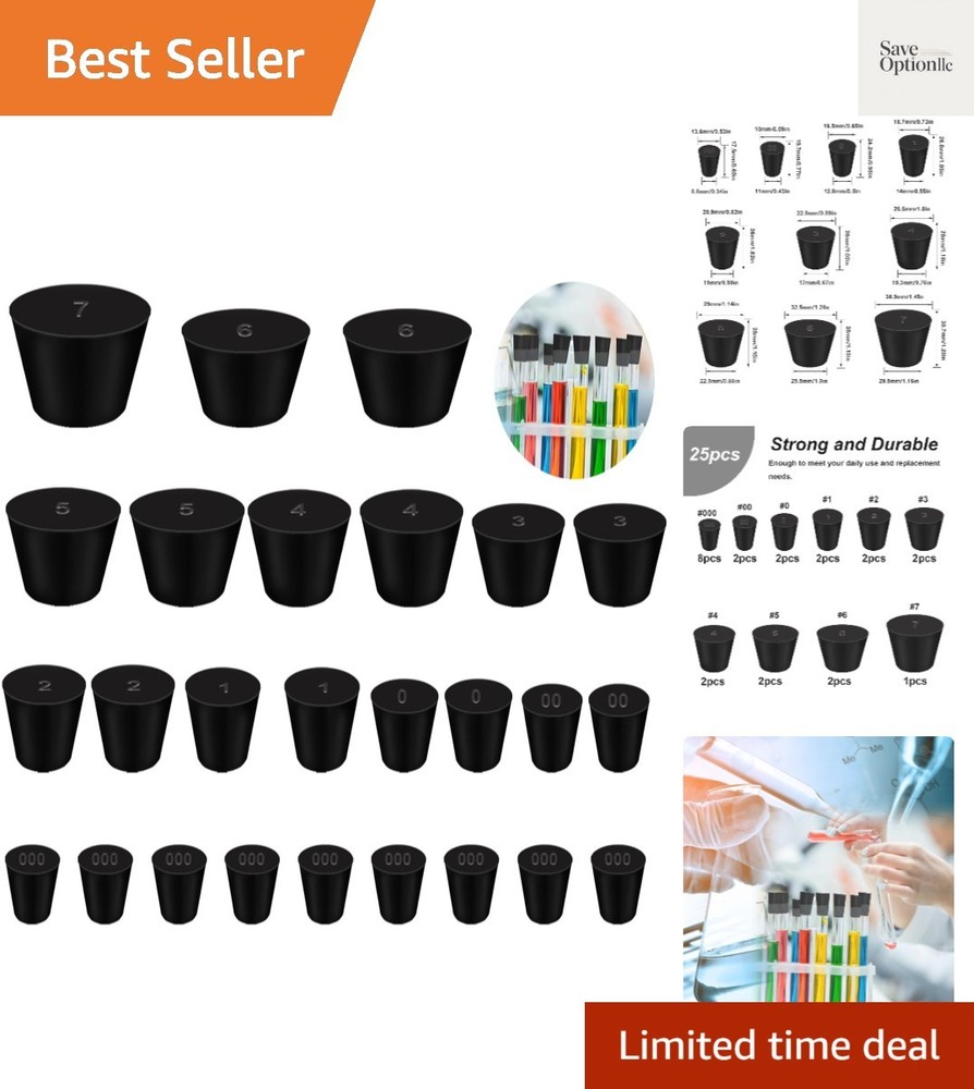 25Pcs Black Solid Rubber Stoppers 10 Assorted Sizes