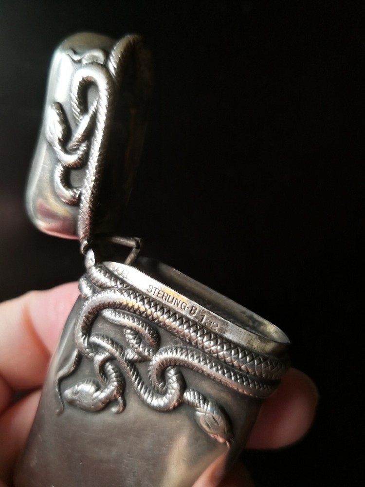 Superior Antique Coiled Snake Silver Match Safe / Vesta Case