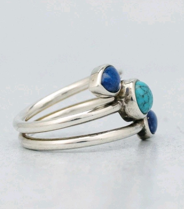 Lapis Turquoise 3 Stone Sterling Ring 6
