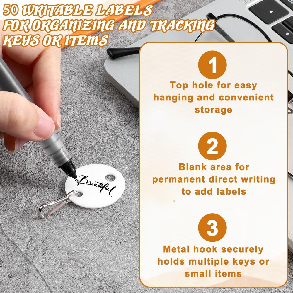 50 Pcs Blank Key Tags, 1.2" Waterproof Plastic Writable Keychain Labels with ...