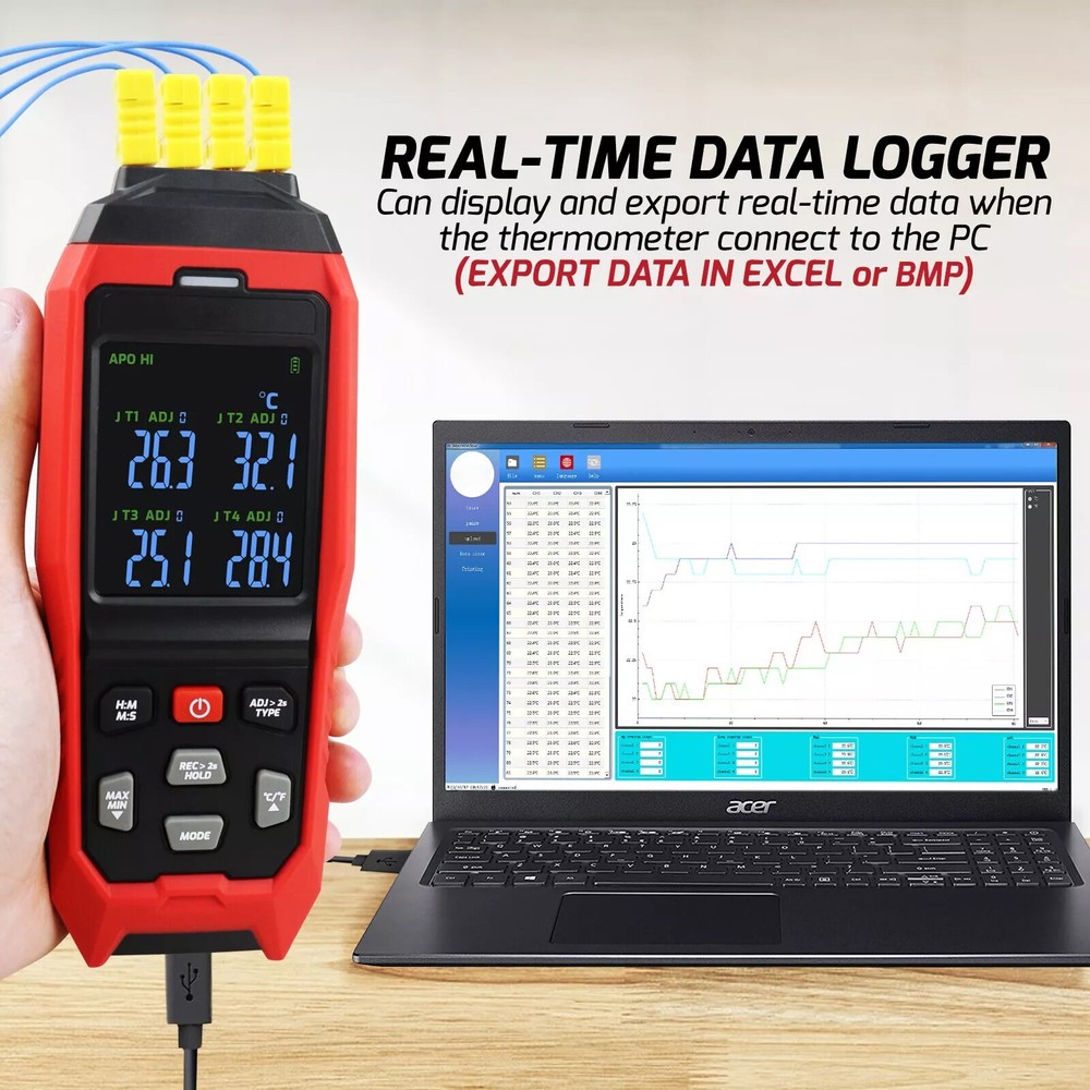 4-CH Display K/J Datalogger Thermocouple Thermometer Real-Time Data Logging