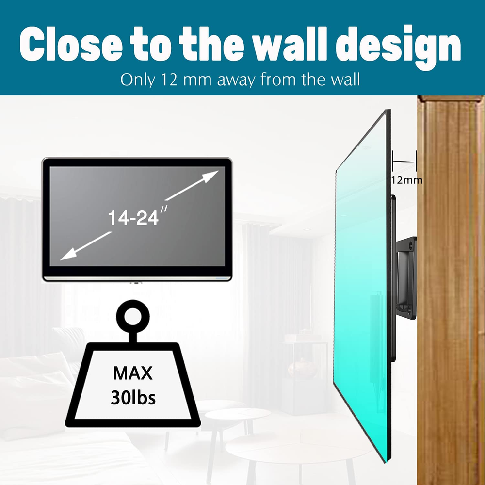 Monitor Wall Mount Most 14-24“ Tvs Computer Universal Low Profile RV TV Wall