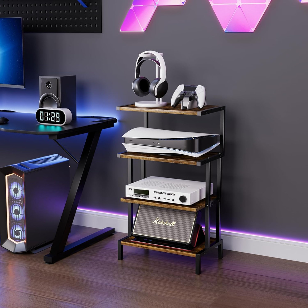 Rustic 4-Tier Game Console Stand & Storage Rack for Small Spaces