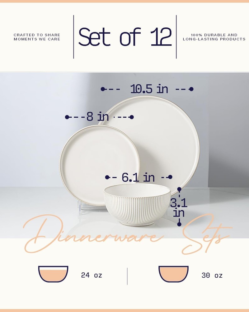 Getstar Dinnerware Sets, Plates and Bowls Sets (10.5” Dish + 8” Dish + 6”