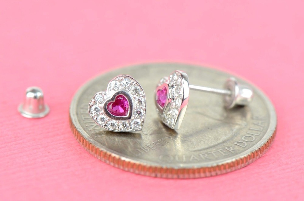 14k Solid White Gold Halo Heart Stud Earrings