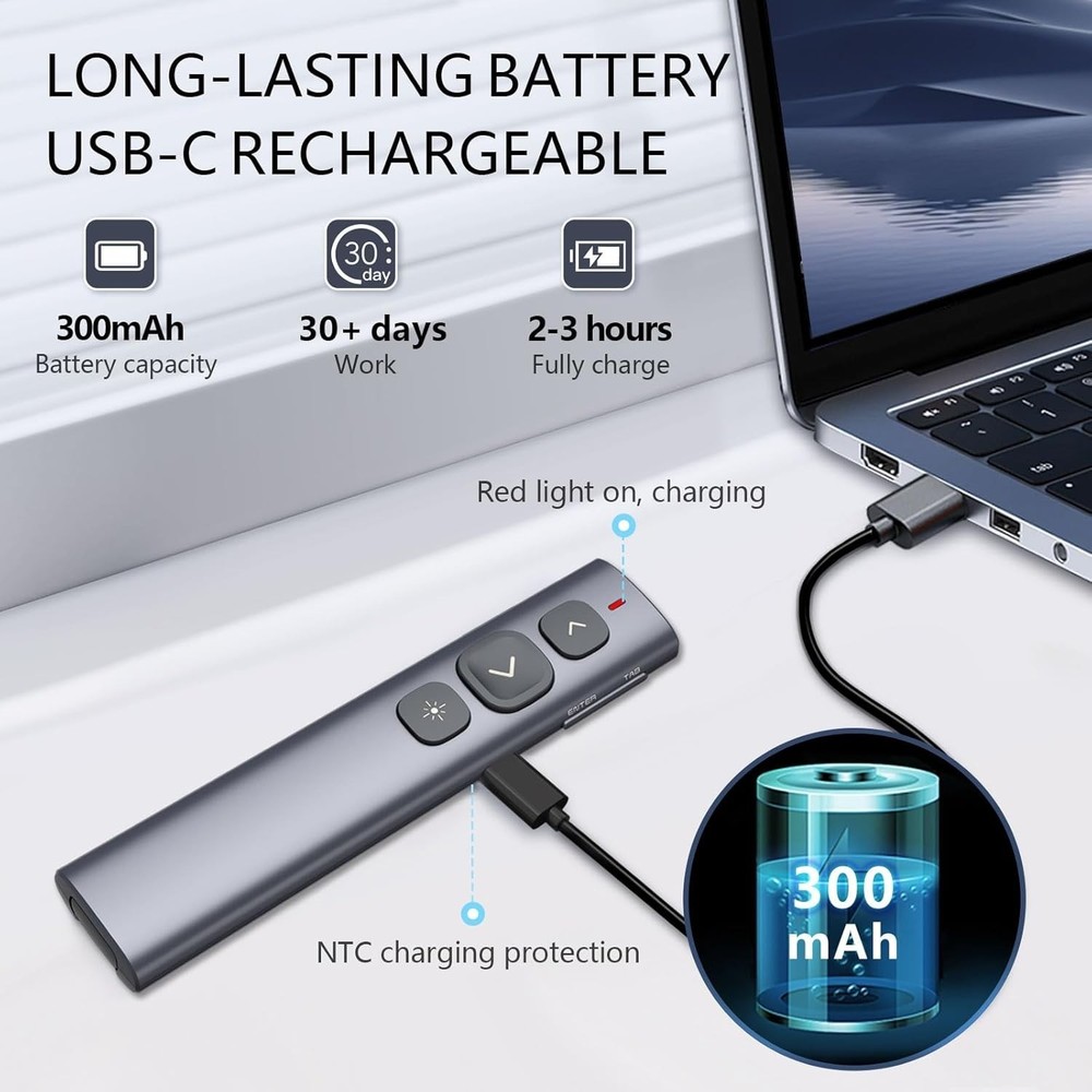 Rechargeable Wireless Presentation Clicker 328ft Range PowerPoint Remote for PC