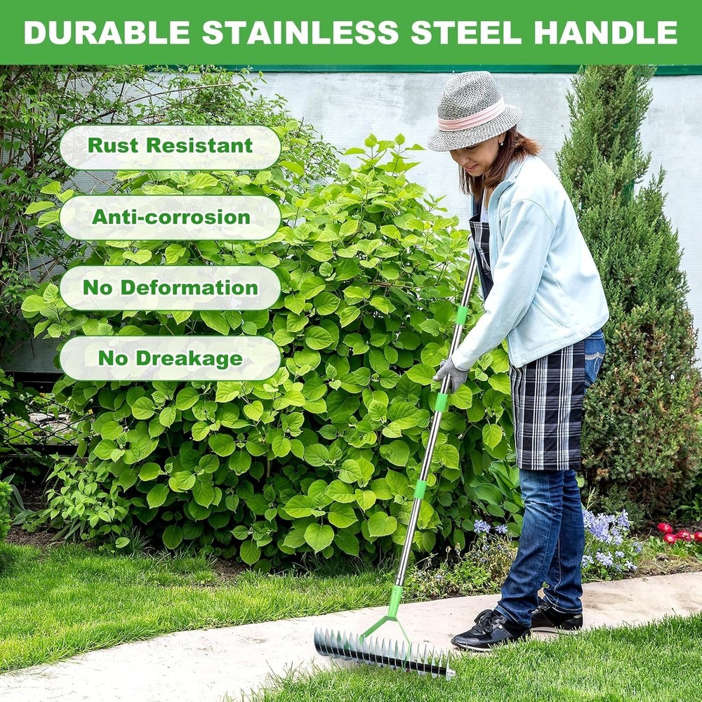 Thatch Rake, 12.4 Inch Wide Dethatching Rake with Double Sided Steel Teeth,