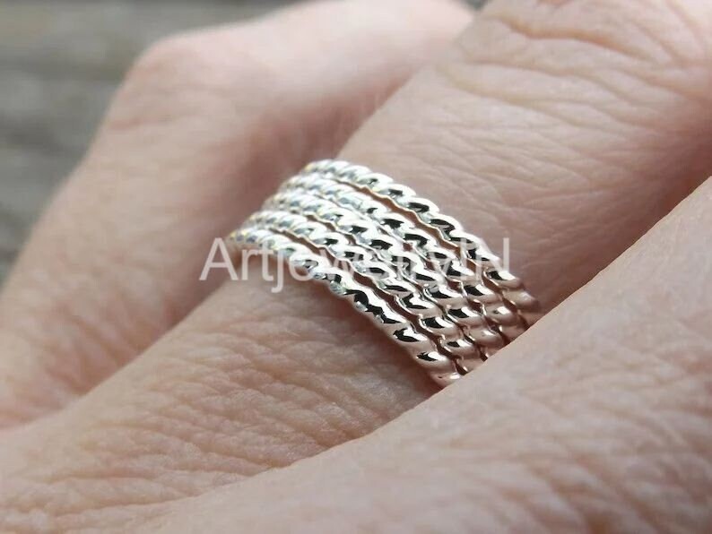 Thin Sterling Silver Stackable Rope Ring set of 5, Silver Stacking Ring All size