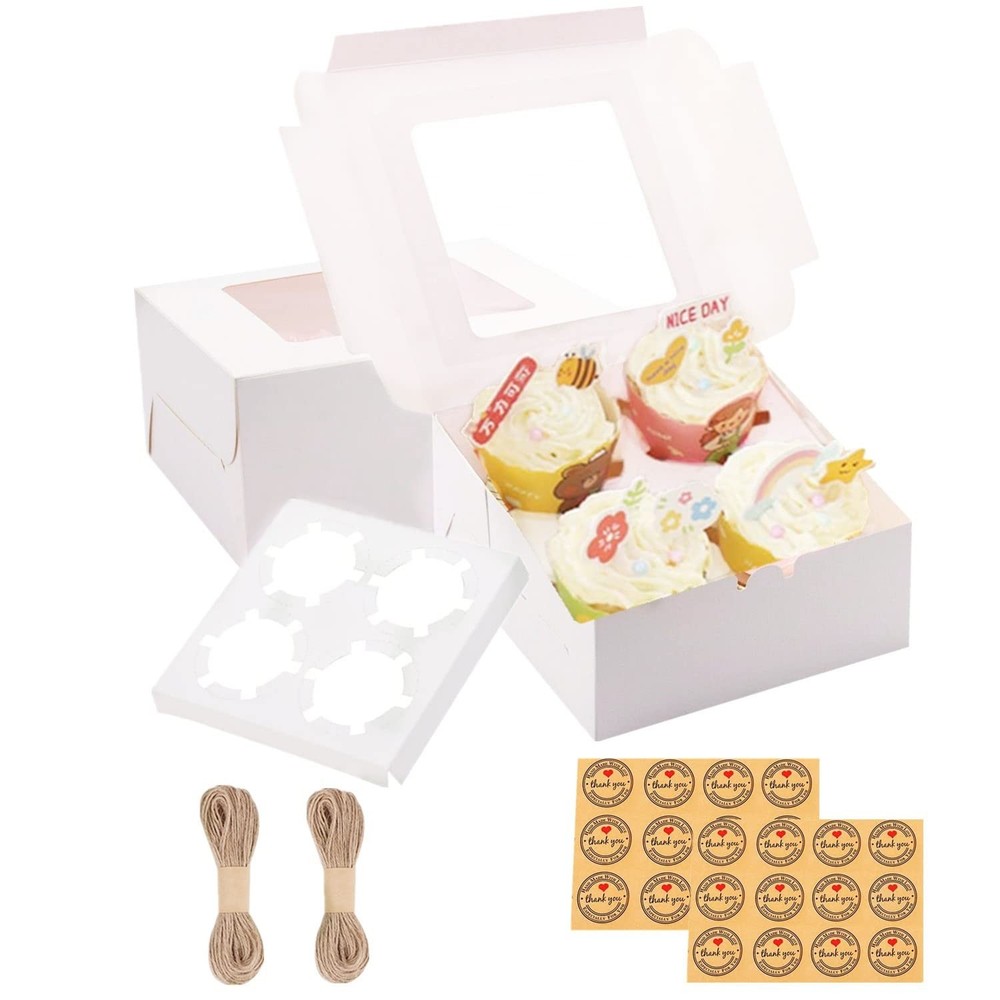 24 PCS White Cupcake Boxes with Window & Inserts Cupcake Containers 4 Count B...