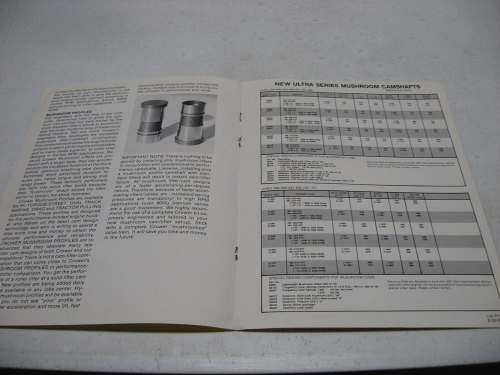 Crower Cams Mushroom Profiles Advertising Data Sheet Catalog