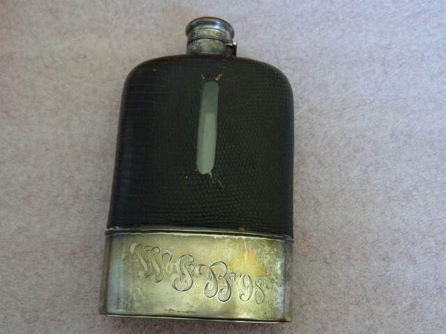 Antique Gorham Sterling Silver & Leather Hip Flask  With Removable Cup