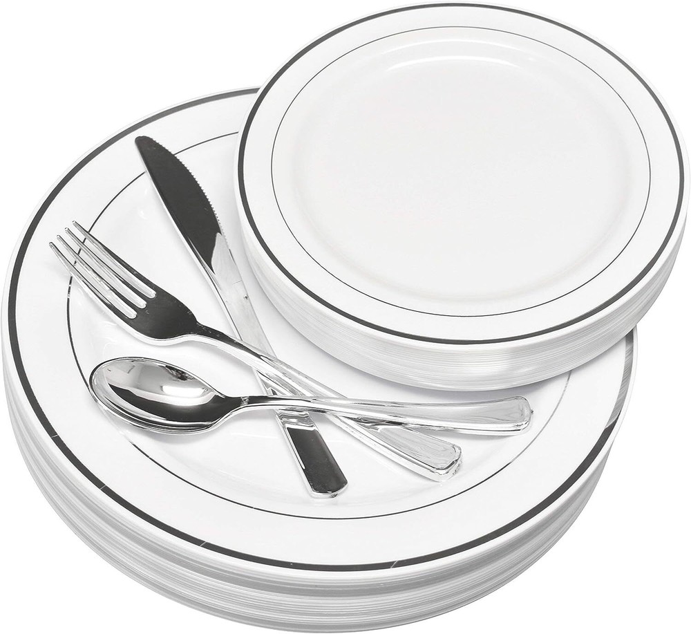 125 Pack Classy Disposable Plates with Plastic Silverware, Set Includes 25 Each