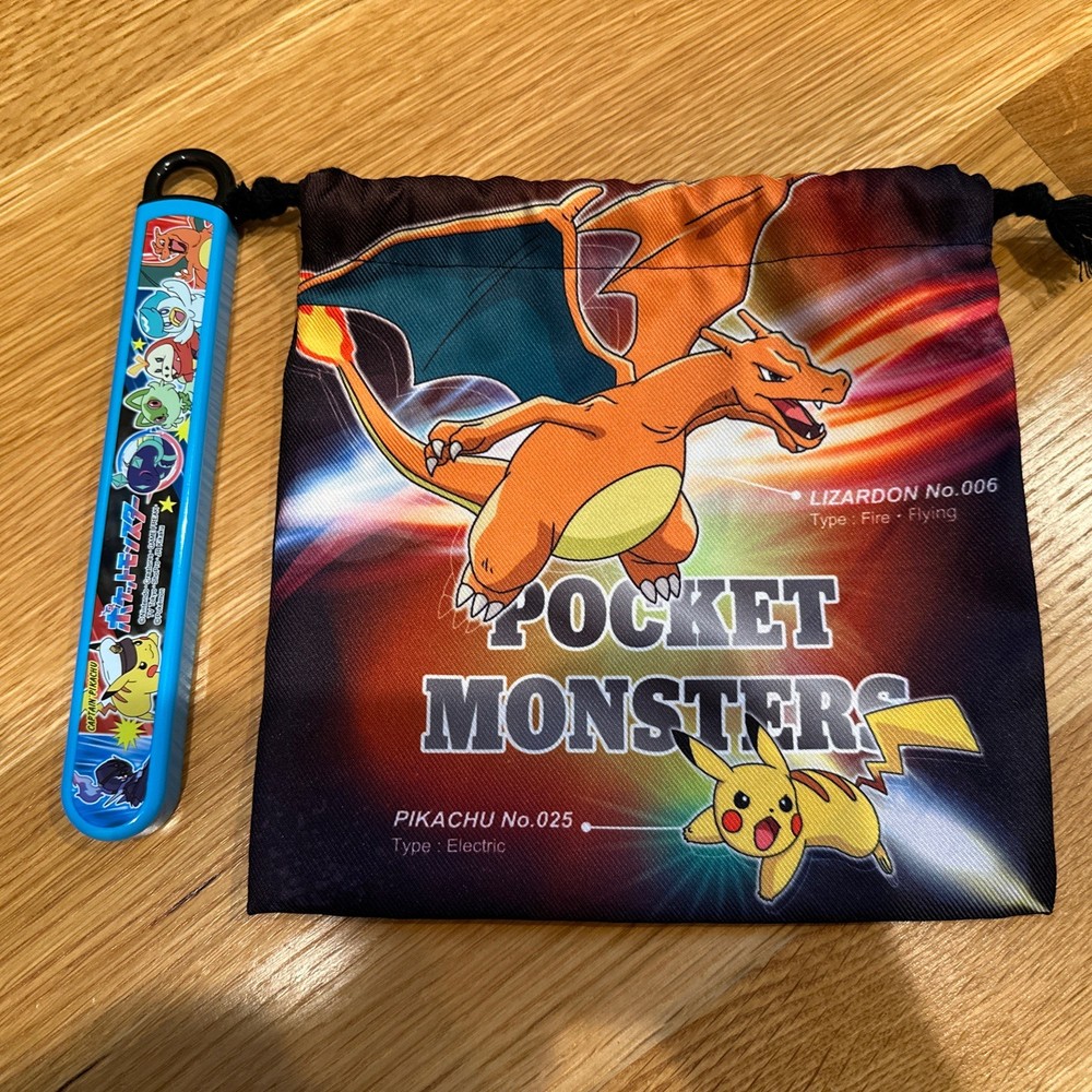 Chopsticks & Flat Drawstring Bag 8” X 8”Pokemon Fire Flame Charizard Japan Bento