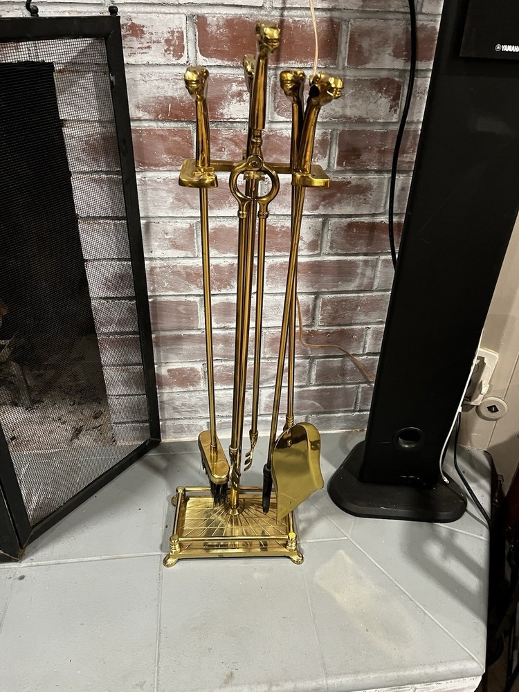 Vintage Five-Piece Solid Brass Horse Head Fire Tool Set Equestrian Art Deco
