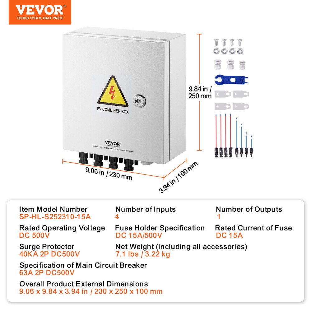 VEVOR Solar PV Combiner Box 4 String 15A for Solar Panel System Steel Case IP65