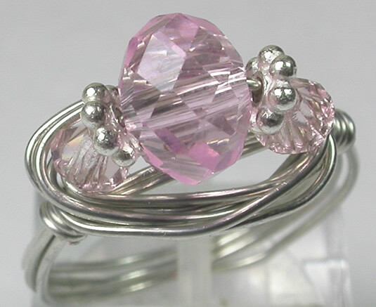 Wire Wrapped 3 Pink Crystal Beaded Ring Handmade