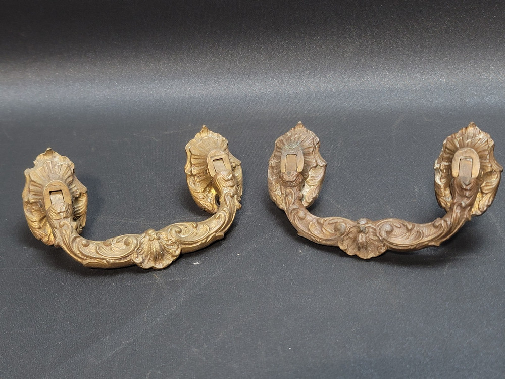 Pair of Ornate Salvaged Victorian 2 Solid Brass Drawer Pulls