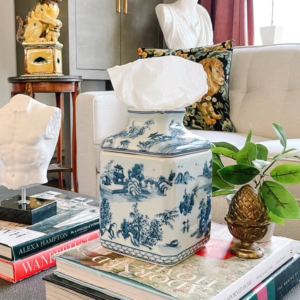 Blue & White Chinoiserie Ceramic Tissue Box Cover