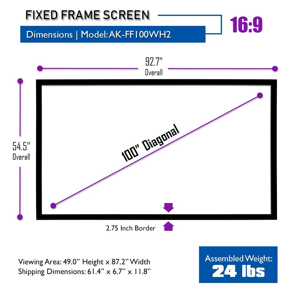 100 Inch Fixed Frame Projector Screen, 16:9, 8K / 4K Ultra HD Projector & 3D ...
